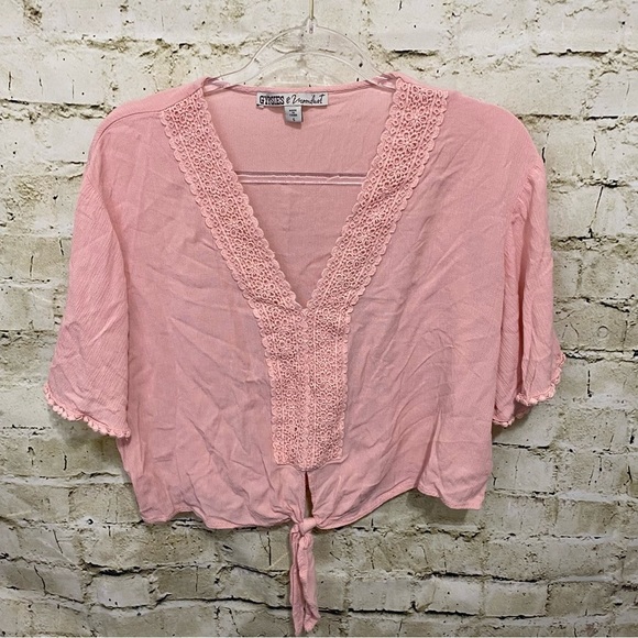 Gypsies & Moondust Tops - Gypsies & Moondust Pink Crochet Tie Waist V Neck Rayon Crop Top